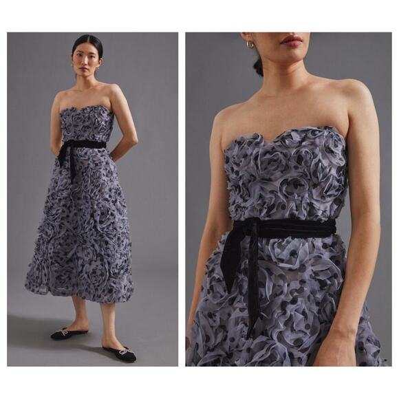 ANTHROPOLOGIE Geisha Designs Appliqued Tulle Strapless Midi Dress Size 8 Petite - Picture 1 of 8